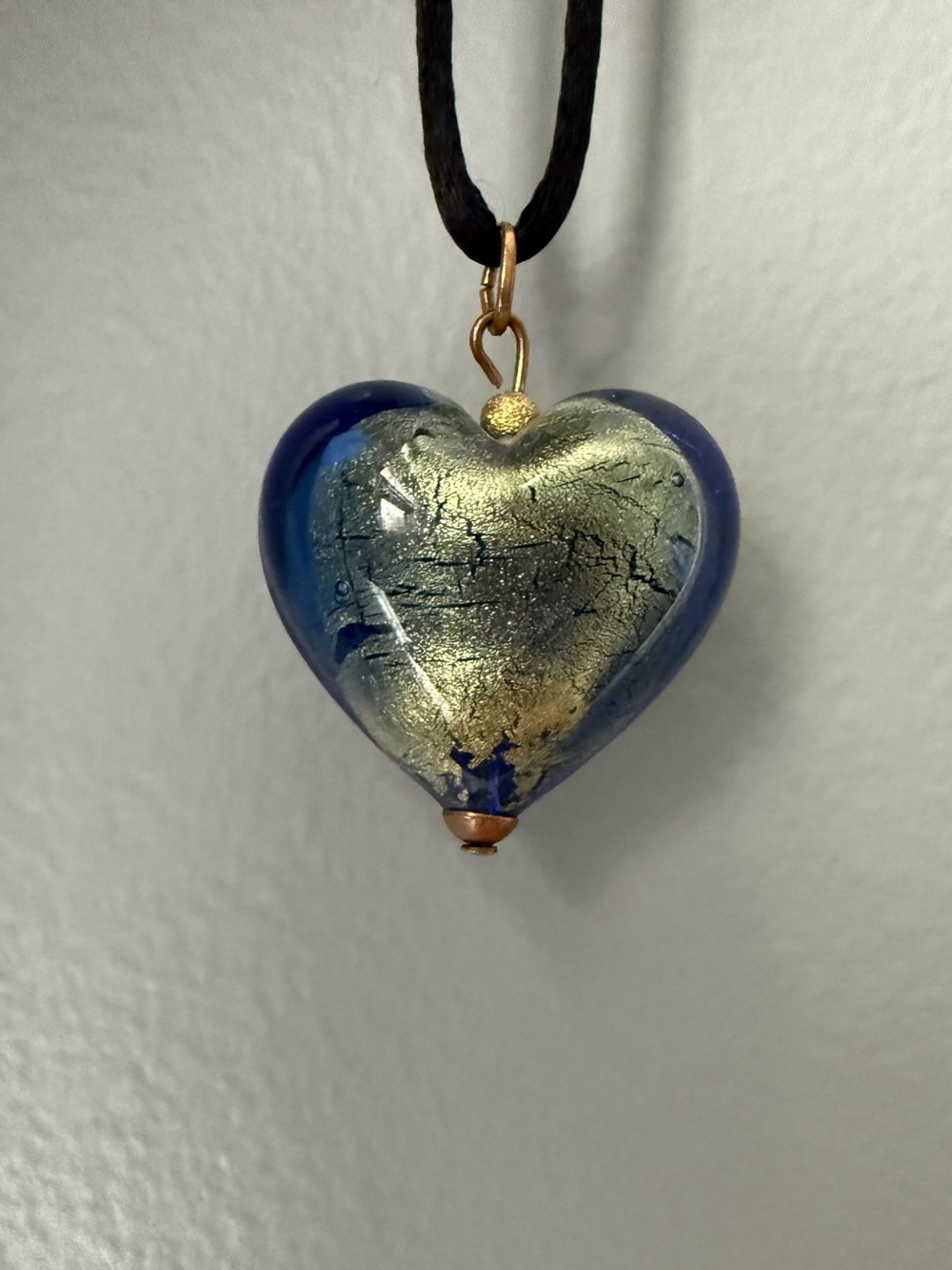 Vintage Murano Art Style Glass Puffy Heart Pendant Blue Gold Foil On Black Cord